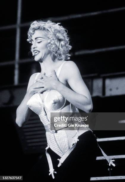 Madonna, Blonde Ambition Tour, She is wearing a Jean Paul Gaultier conical bra corset, Feyenoord Stadion, De Kuip, Rotterdam, Netherlands, 24 July...