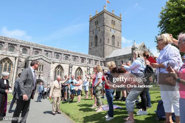 Prince Charles, Prince of Wales speaks to wellwishers as he attends a service for the Centenary of the Church in Wales at St David’s Cathedral on...