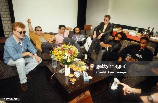 Ali Campbell; Astro ; Mickey Virtue; Jimmy Brown; Robin Campbell; Earl Falconer; Norman Hassan - in their dressing room, Ahoy Sportpaleis, Rotterdam,...