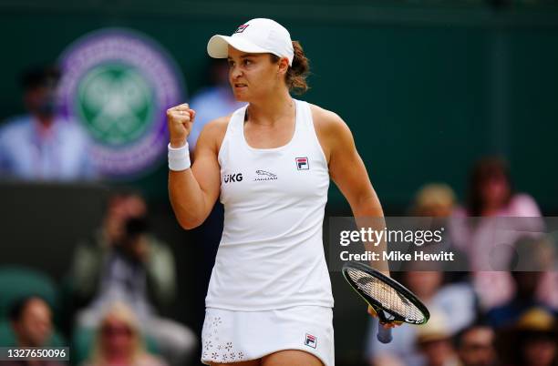 Ashleigh Barty of Australia celebrates in her Ladies' Singles Semi-Final match against Angelique Kerber of Germany on Day Ten of The Championships -...