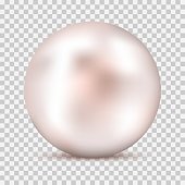 Realistic white pink pearl with shadow isolated on transparent background. Shiny oyster pearl for luxury accessories