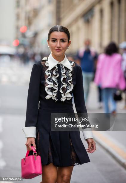 Alexandra Pereira is seen wearing pink Louis Vuitton bag, slingbacks, dress outside Zuhair Murad on July 07, 2021 in Paris, France.