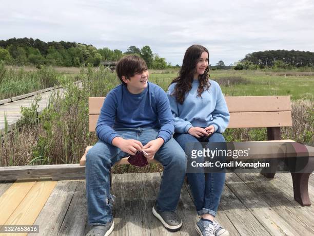 brother and sister smiling and sitting on a bench - teen sibling stock pictures, royalty-free photos & images