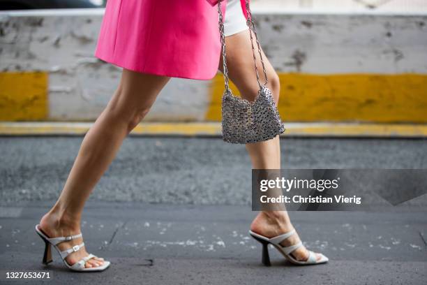 Julia Comil is seen wearing pink blazer outside Zuhair Murad on July 07, 2021 in Paris, France.