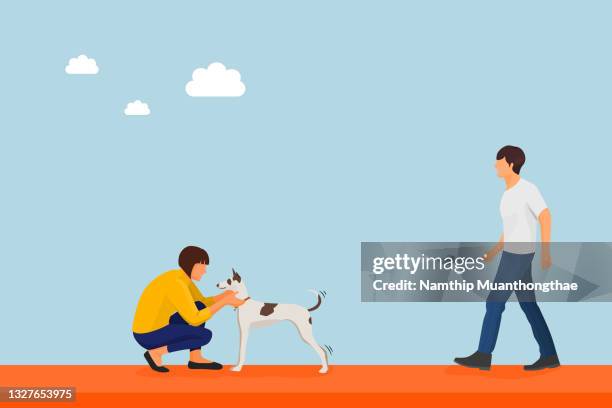 lovely family playing with their dog illustration concept shows a couple is enjoying with their pet under the clear blue sky in the park for creating a background. - mann frau hund zuhause stock-fotos und bilder