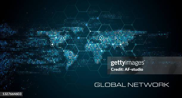 ilustrações de stock, clip art, desenhos animados e ícones de abstract network world map background - black studio background