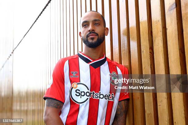 Theo Walcott poses after signing permanently with Southampton FC at the Staplewood Campus on July 07, 2021 in Southampton, England.