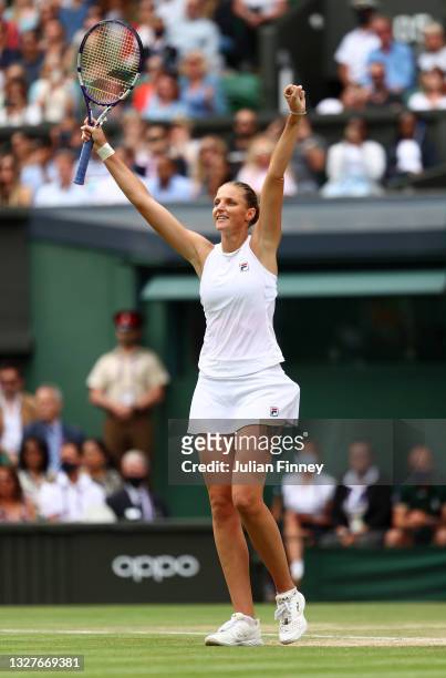 Karolina Pliskova of The Czech Republic celebrates match point in her Ladies' Singles Semi-Final match against Aryna Sabalenka of Belarus on Day Ten...
