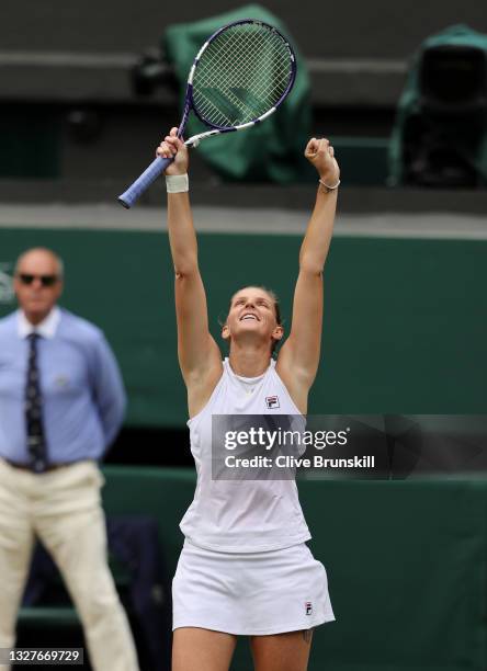 Karolina Pliskova of The Czech Republic celebrates match point in her Ladies' Singles Semi-Final match against Aryna Sabalenka of Belarus on Day Ten...