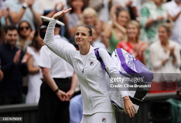 Karolina Pliskova of The Czech Republic celebrates victory after winning her Ladies' Singles Semi-Final match against Aryna Sabalenka of Belarus on...