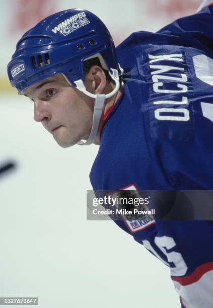 Ed Olczyk, Centre for the Winnipeg Jets looks on during the NHL Western Conference, Pacific Division game against the Los Angeles Kings on 5th...