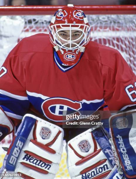 Jose Theodore, Goalkeeper for the Montreal Canadiens looks on tending goal during the NHL Western Conference Pacific Division game against the Mighty...