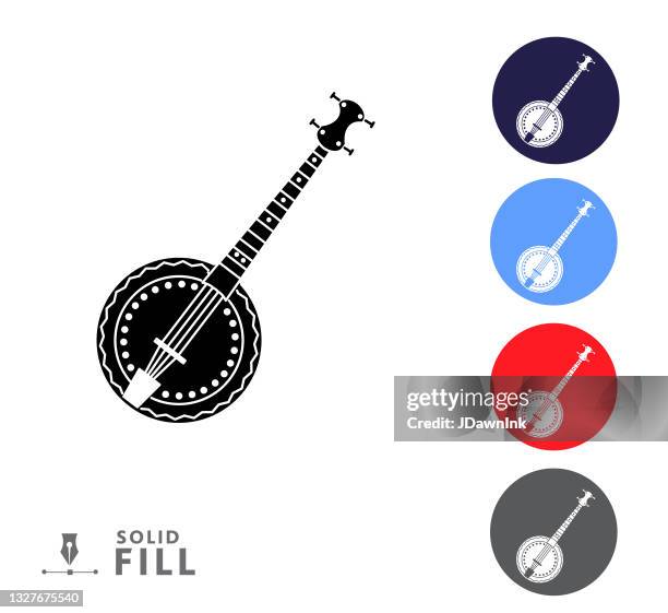 bunte kreis-icon-set eines banjo-musikinstrument auf weißem hintergrund - saiteninstrument stock-grafiken, -clipart, -cartoons und -symbole