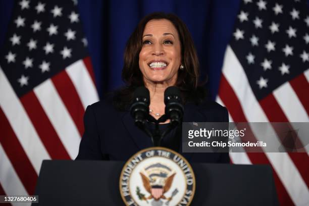 Vice President Kamala Harris delivers remarks at the Louis Stokes Library on the campus of her alma mater Howard University on July 08, 2021 in...