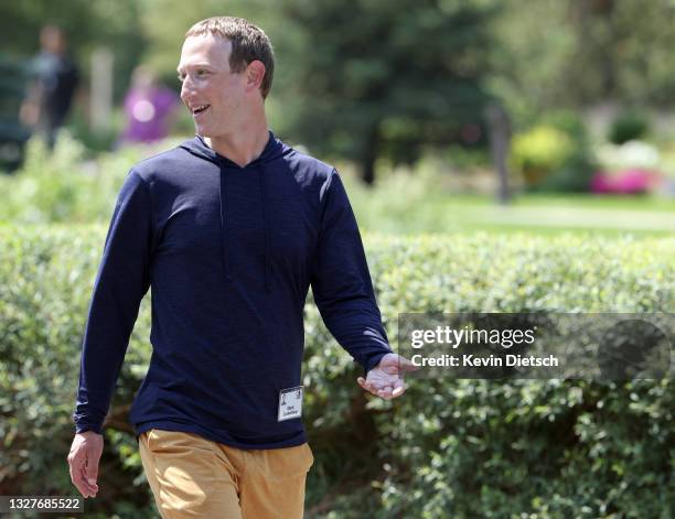 Of Facebook Mark Zuckerberg walks to lunch following a session at the Allen & Company Sun Valley Conference on July 08, 2021 in Sun Valley, Idaho....