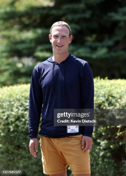 Of Facebook Mark Zuckerberg walks to lunch following a session at the Allen & Company Sun Valley Conference on July 08, 2021 in Sun Valley, Idaho....