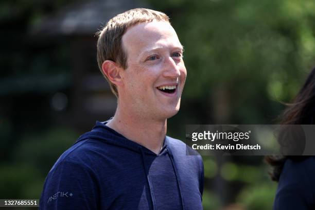 Of Facebook Mark Zuckerberg walks to lunch following a session at the Allen & Company Sun Valley Conference on July 08, 2021 in Sun Valley, Idaho....