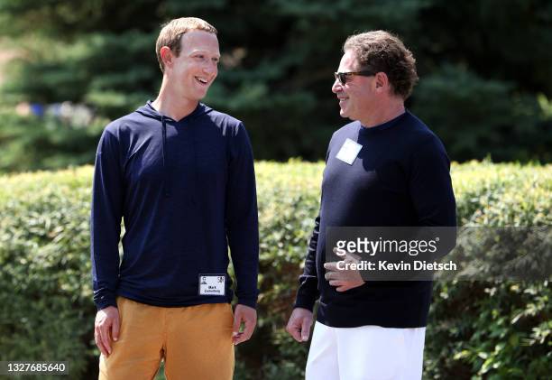 Of Facebook Mark Zuckerberg talks to CEO of Activision Blizzard Bobby Kotick after a session at the Allen & Company Sun Valley Conference on July 08,...