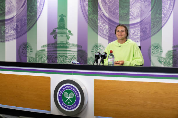 Aryna Sabalenka of Belarus attends a press conference in the Main Interview Room after losing in her Ladies' Singles Semi-Final match against...