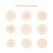Modern mandalas logo vector templates, abstract symbols in ornamental ethnic style, emblems for luxury products, hotels, boutiques, jewelry, oriental cosmetics, spa, restaurants, shops and stores.