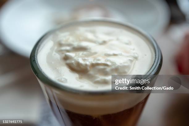 Close-up of Irish coffee whiskey drink at The C restaurant at Intercontinental Clement Monterey hotel in Monterey, California, July, 2021.