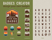 Hiking Badge Creator. Vintage patches elements and styled font.