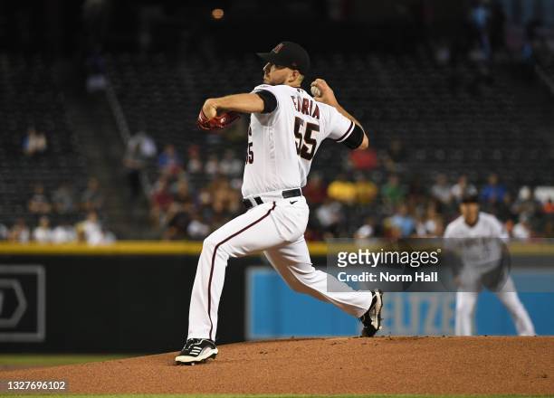 Jake Faria of the Arizona Diamondbacks delivers a first inning pitch against the Colorado Rockies at Chase Field on July 08, 2021 in Phoenix, Arizona.