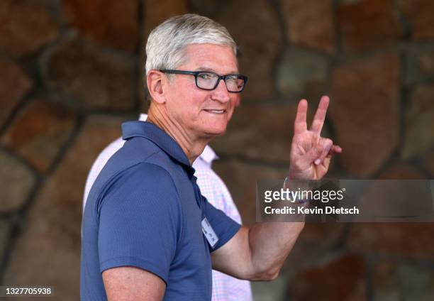 Apple CEO Tim Cook attends the Allen & Company Sun Valley Conference on July 08, 2021 in Sun Valley, Idaho. After a year hiatus due to the COVID-19...