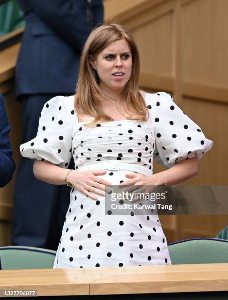 Princess Beatrice of York attends day 10 of the Wimbledon Tennis Championships at the All England Lawn Tennis and Croquet Club on July 08, 2021 in...