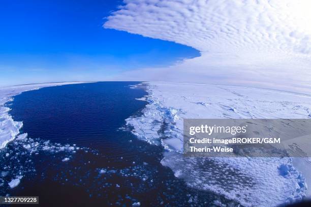 aerial view over the ice shelf and the antarctic ocean, queen maud land coast, weddell sea - weddell sea stockfoto's en -beelden