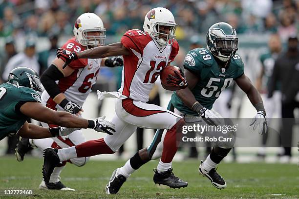 Andre Roberts of the Arizona Cardinals is tackled by Akeem Jordan of the Philadelphia Eagles at Lincoln Financial Field on November 13, 2011 in...