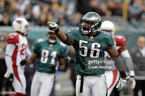 Akeem Jordan of the Philadelphia Eagles celebrates against the Arizona Cardinals at Lincoln Financial Field on November 13, 2011 in Philadelphia,...