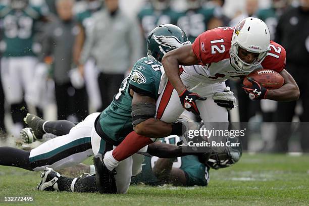 Andre Roberts of the Arizona Cardinals is tackled by Akeem Jordan of the Philadelphia Eagles at Lincoln Financial Field on November 13, 2011 in...