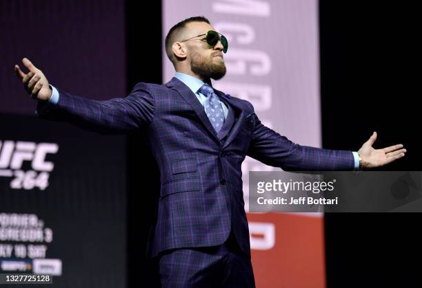 Conor McGregor of Ireland walks on stage during the UFC 264 press conference at T-Mobile Arena on July 08, 2021 in Las Vegas, Nevada.