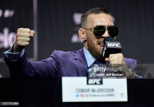 Conor McGregor of Ireland interacts with media during the UFC 264 press conference at T-Mobile Arena on July 08, 2021 in Las Vegas, Nevada.