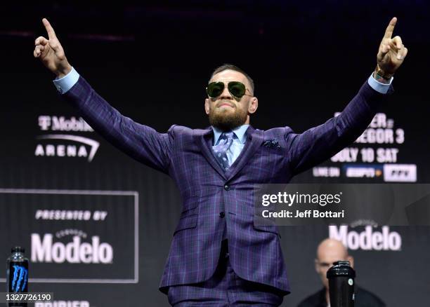 Conor McGregor of Ireland waves to the fans during the UFC 264 press conference at T-Mobile Arena on July 08, 2021 in Las Vegas, Nevada.