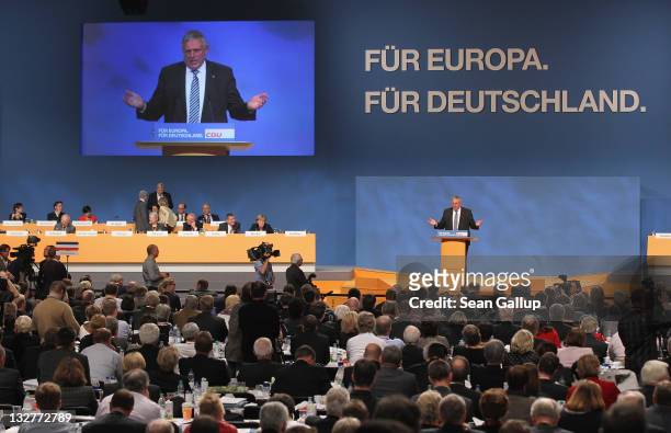 Karl-Josef Laumann speaks on the subject of a national, minimum wage at the 24th Party Congress of the German Christian Democrats on November 14,...