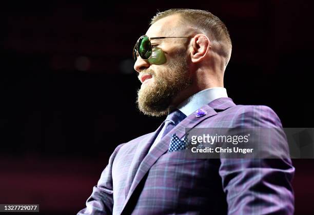 Conor McGregor of Ireland walks on stage during the UFC 264 press conference at T-Mobile Arena on July 08, 2021 in Las Vegas, Nevada.