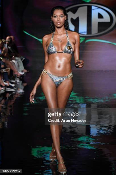 Model Jessica White walks the runway during the "MP" Swim show At Miami Swim Week Powered By Art Hearts Fashion at Faena Forum on July 08, 2021 in...