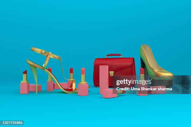 hi fashion stuff like designer handbag designer footwear and lipsticks against sky blue background which is a 3d generated image. - metallic purse photos et images de collection