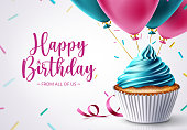 Birthday cupcake vector design. Happy birthday text with celebrating elements like cup cake, balloons and sprinkles for birth day celebration greeting card decoration.