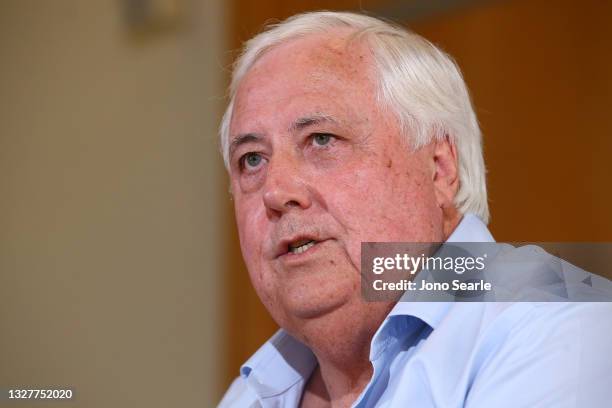 Clive Palmer speaks to the media during a press conference at the Hilton Hotel on July 09, 2021 in Brisbane, Australia.