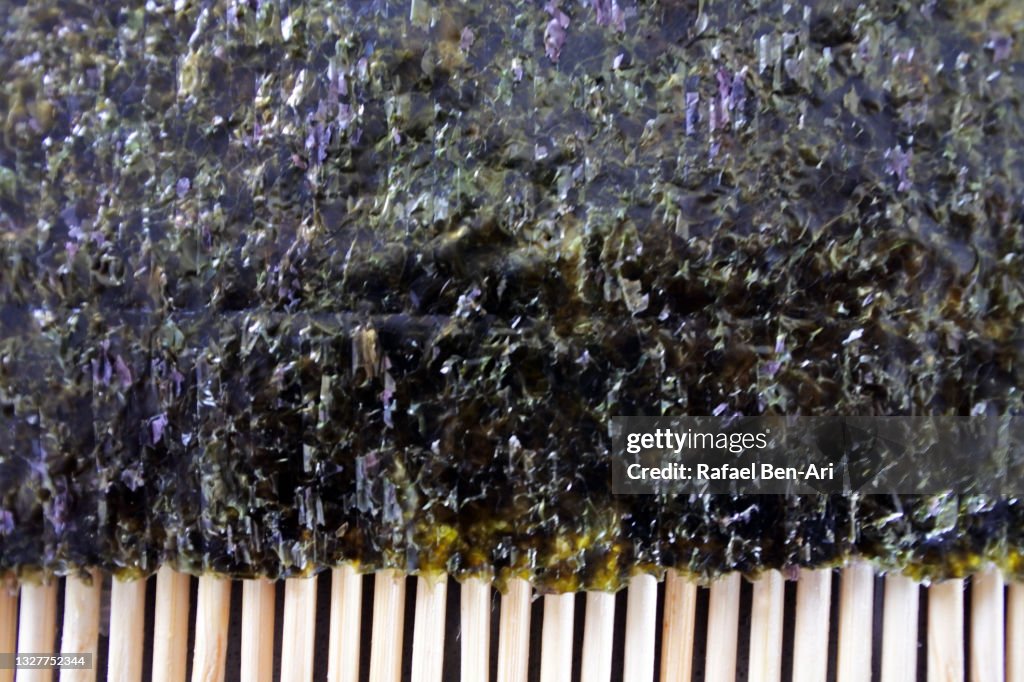 Seaweed on a bamboo rolling mat