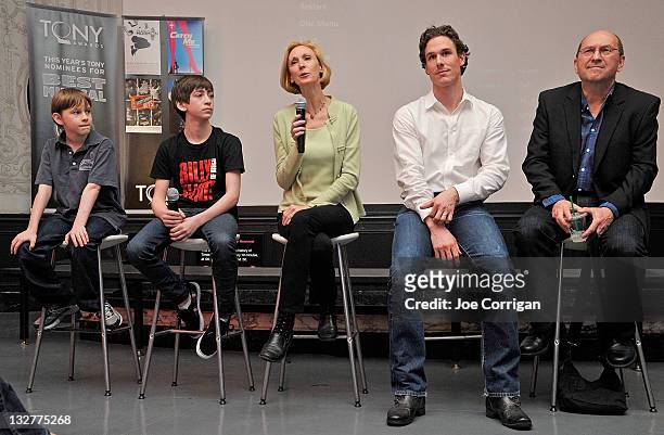 Actors Tade Biesinger, Jacob Clemente, casting director Nora Brennan, actors Stephen Hanna and Joel Hatch at the Times Square Visitor Center and...