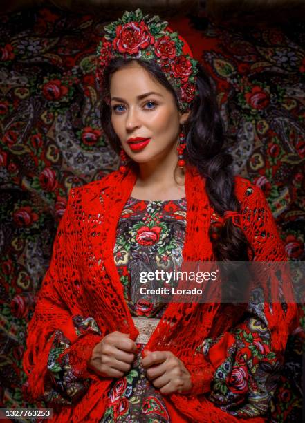 female russian beauty queen in a traditional dress in a studio shot - russian language stock pictures, royalty-free photos & images