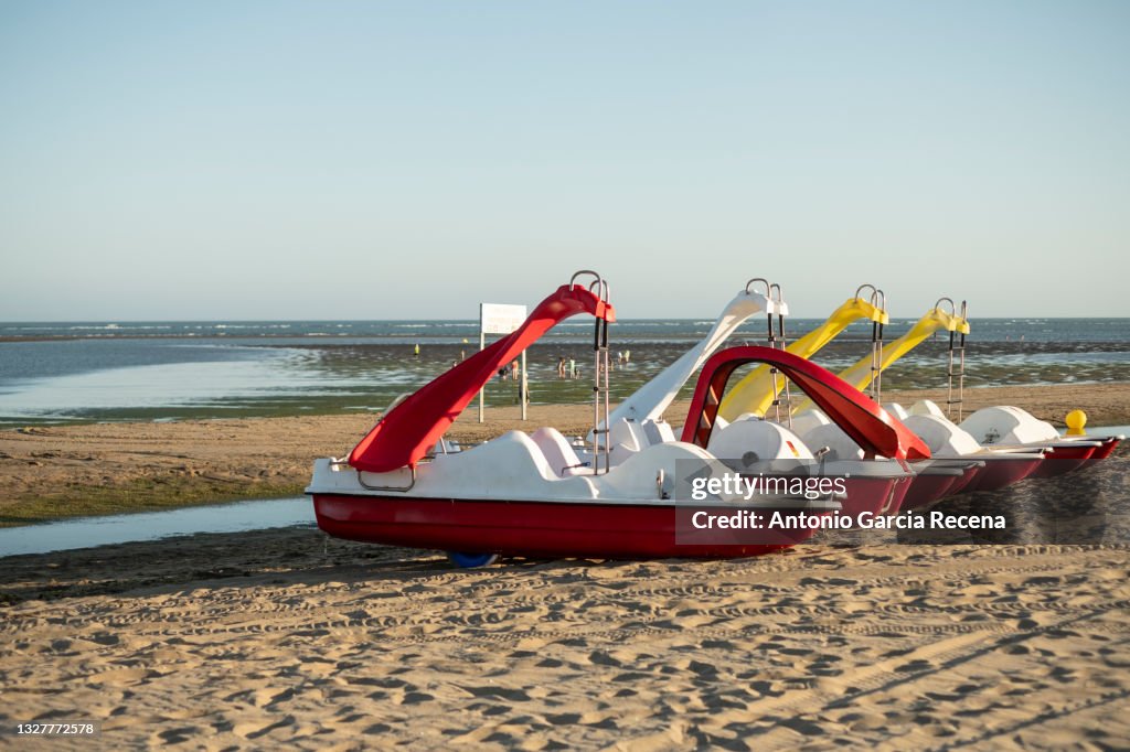 Pleasure pedal boats in Isla Canela, Huelva, Andalusia, Spain.