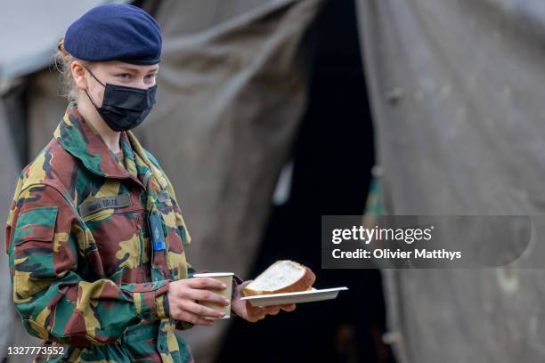 Princess Elisabeth of Belgium takes part in tactical training at the Lagland military camp on July 09, 2021 in Arlon, Belgium. For the student...