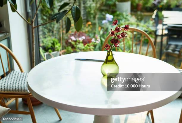 flowers in glass vase on kitchen table - breakfast room stock pictures, royalty-free photos & images