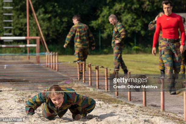 Princess Elisabeth of Belgium takes part in tactical training at the Lagland military camp on July 09, 2021 in Arlon, Belgium. For the student...