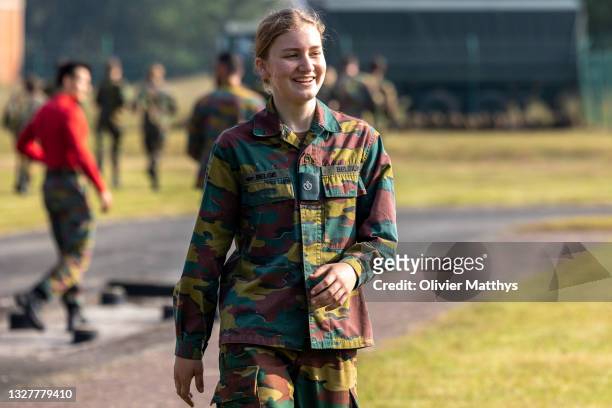 Princess Elisabeth of Belgium takes part in tactical training at the Lagland military camp on July 09, 2021 in Arlon, Belgium. For the student...